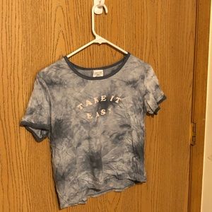 “Take It Easy” blue and white tie dye baby tee